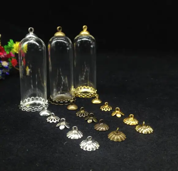 100pcs 50*18mm wholesale tube bell glass globe bubble glass vial pendant with DOUBLE LACE tray cap glass cover bottle necklace