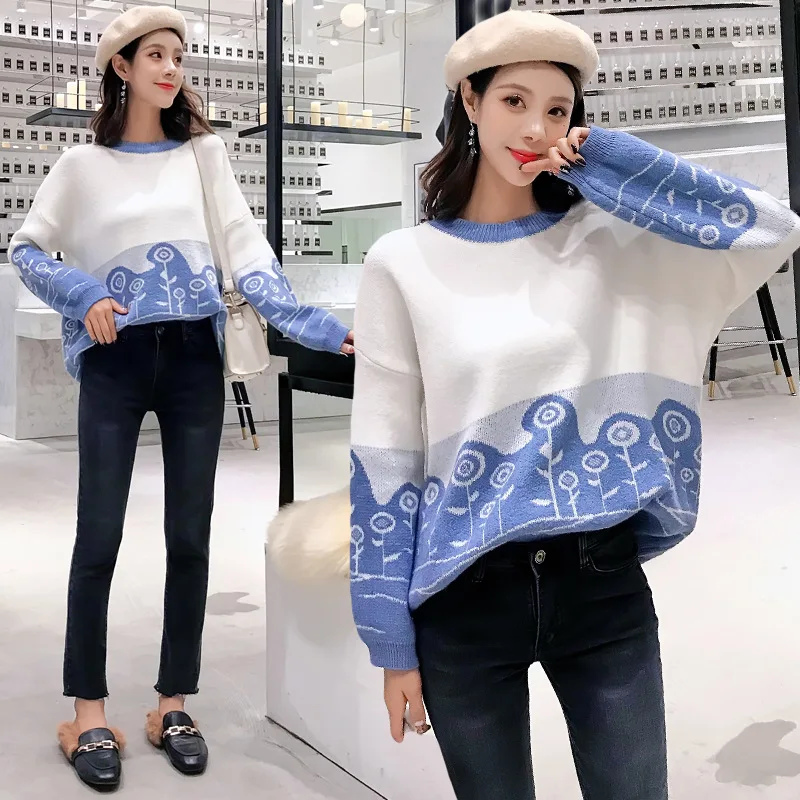 2020 New Lazy Style Autumn/Winter Chic Female Sweater Loose Casual O-neck Knit Women Pullover Sweet Contrast Color