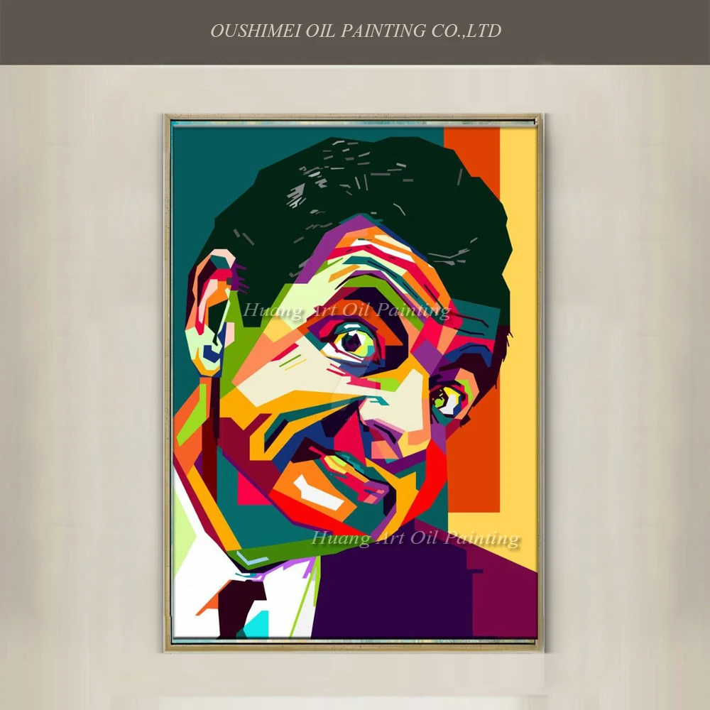 New Hand Painted Famous Man Mr Bean Canvas Abstract Colorful Portrait Oil Painting Actor Rowan Atkinson Acrylic Paintings