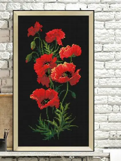 Fiori di papavero rosso punto croce pacchetto pianta set aida 18ct 14ct 11ct panno nero persone kit di ricamo FAI DA TE cucito a mano