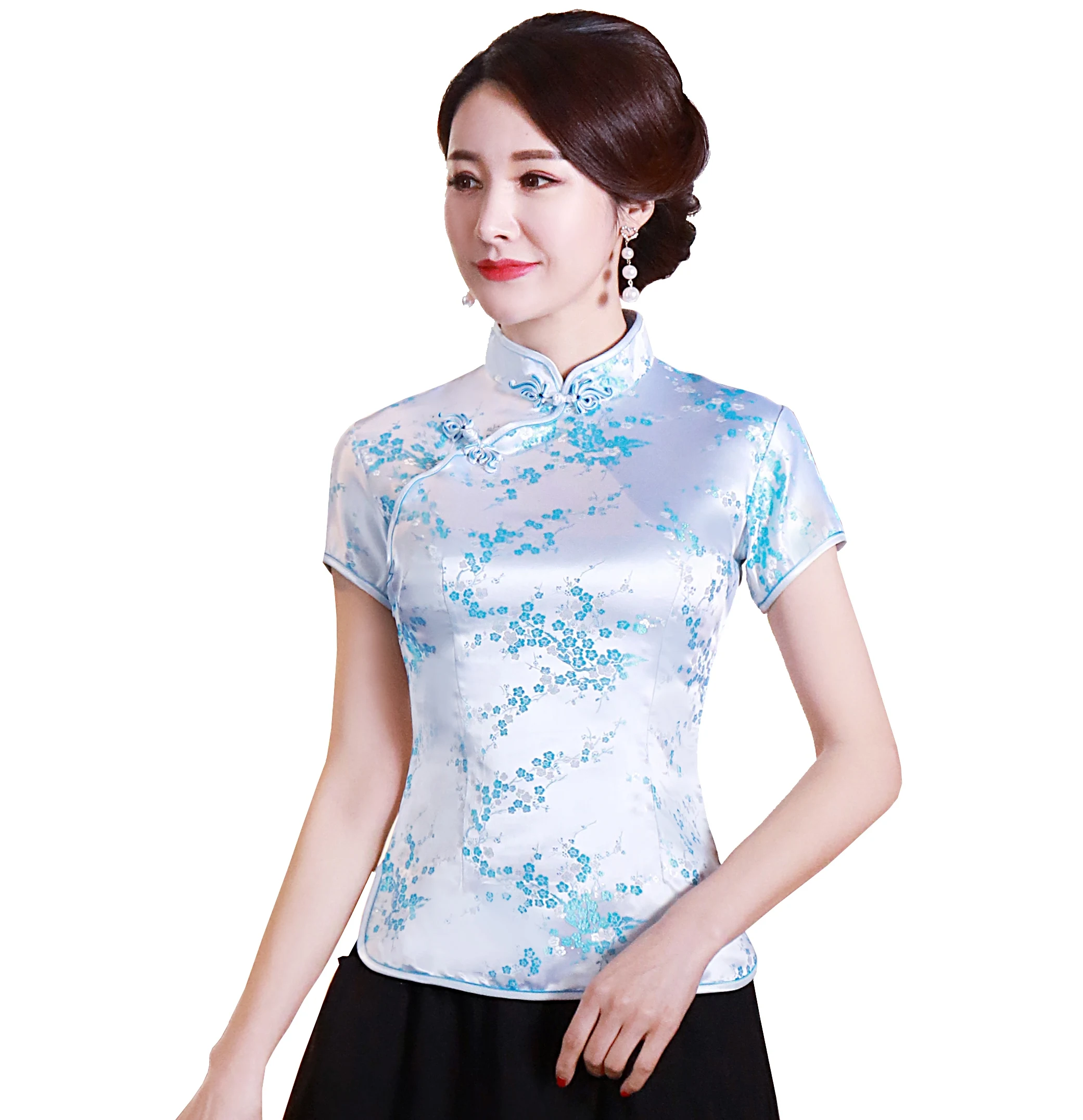 Shanghai Story Short Cheongsam top traditional Chinese Faux Silk/Satin Top dragon and phoenix Embroidery blouse top Qipao Shirt