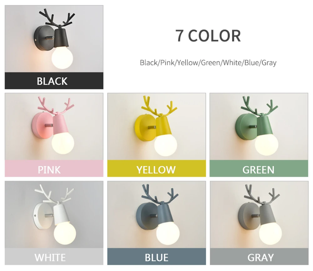 Nordic Adjustable LED Wall Lights Colorful Cartoon Deer Antlers Bedroom Reading Sconce Wall Mounted Children Room Lighting E27