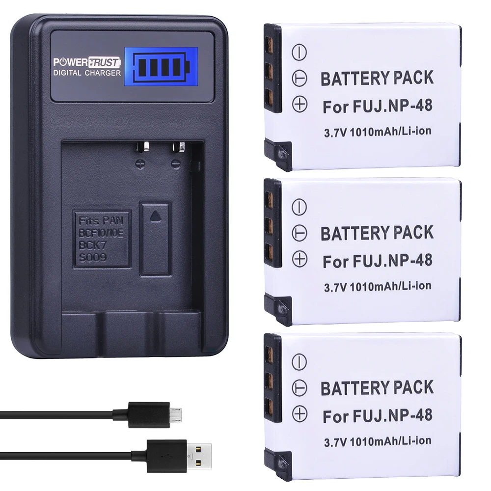 PowerTrust 3Pcs NP-48 NP 48 NP48 Rechargeable Li-ion Battery and LCD USB Charger for Fujifilm XQ1 and XQ2 Cameras