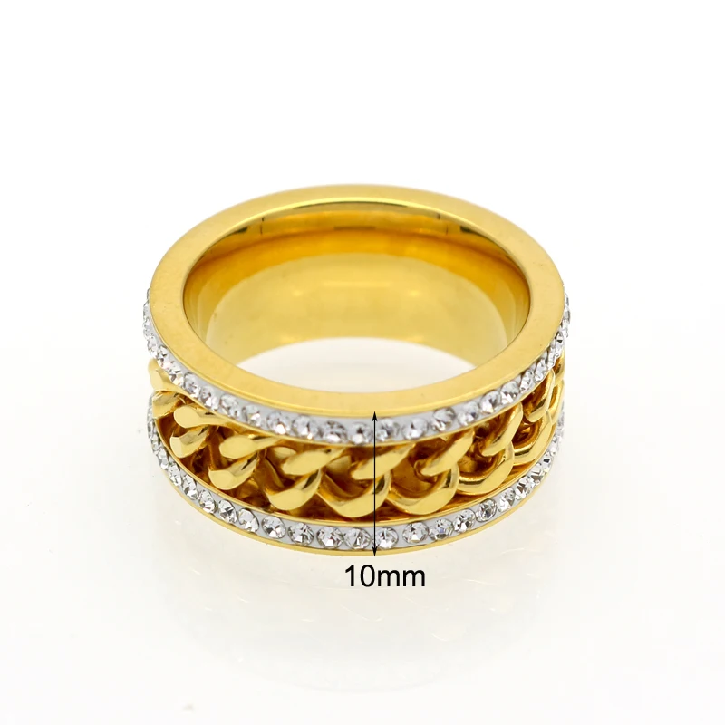 Fashion Men And Women Titanium Steel Ring High Quality Gold Color Crystal Rings Chain Decorated Stainless Steel Rings For Men