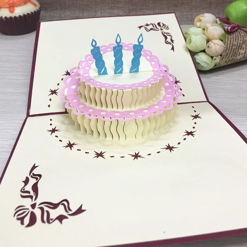 1pcs Laser Cut Handmade Birthday Cake 3D Pop Up Greeting Card Postcard Gift Cards With Envelope Baby Shower Birthday Supplies