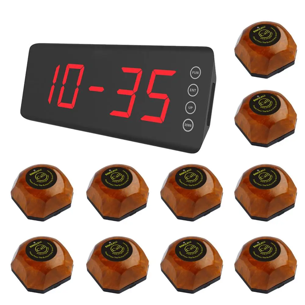 SINGCALL Wireless Waiter Paging System Wooden Button Pagers and Screen Display Receiver for Hospital, Welfare House, Cafe