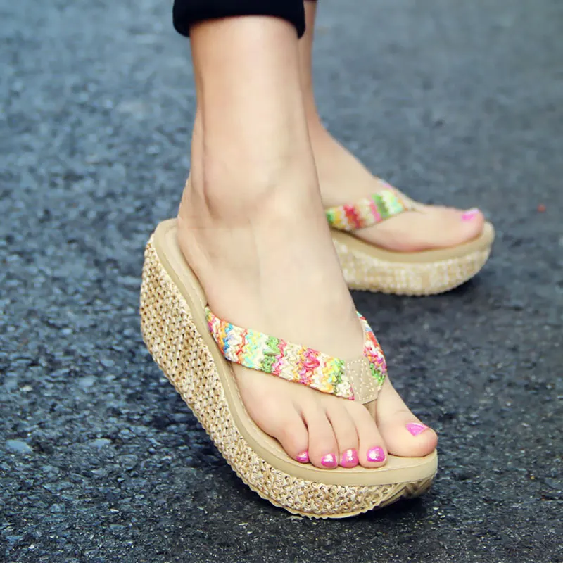 Shoes Woman Summer Bohemia Slippers Fashion Toes Flip Flops Flower Womens Wedge Sandals Beach Slippers Shoes(in stock)