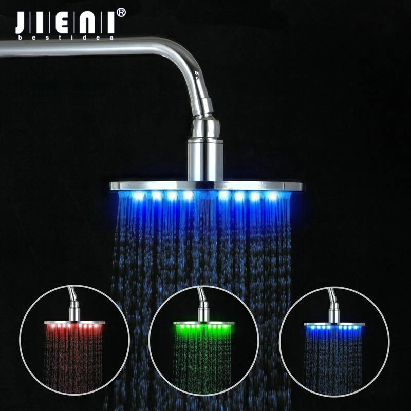 JIENI 10 Inch LED Shower Head Rainfall Tub Shower Faucet Bathtub Rain Shower Head Chrome Brass Round Shower Head