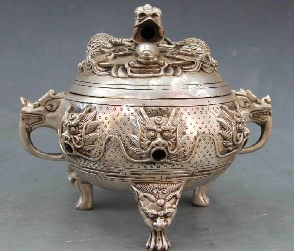 Chinese Buddhism Temple White Copper Bronze Silver Dragon Censer incense burner