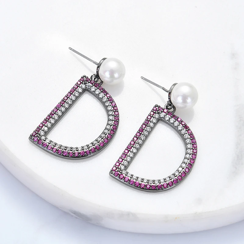 Zhijia Brand Jewelry Elegant Earrings for Women Luxury Pearl Purple/Green Crystal rhinestone D Letter Stud Earrings