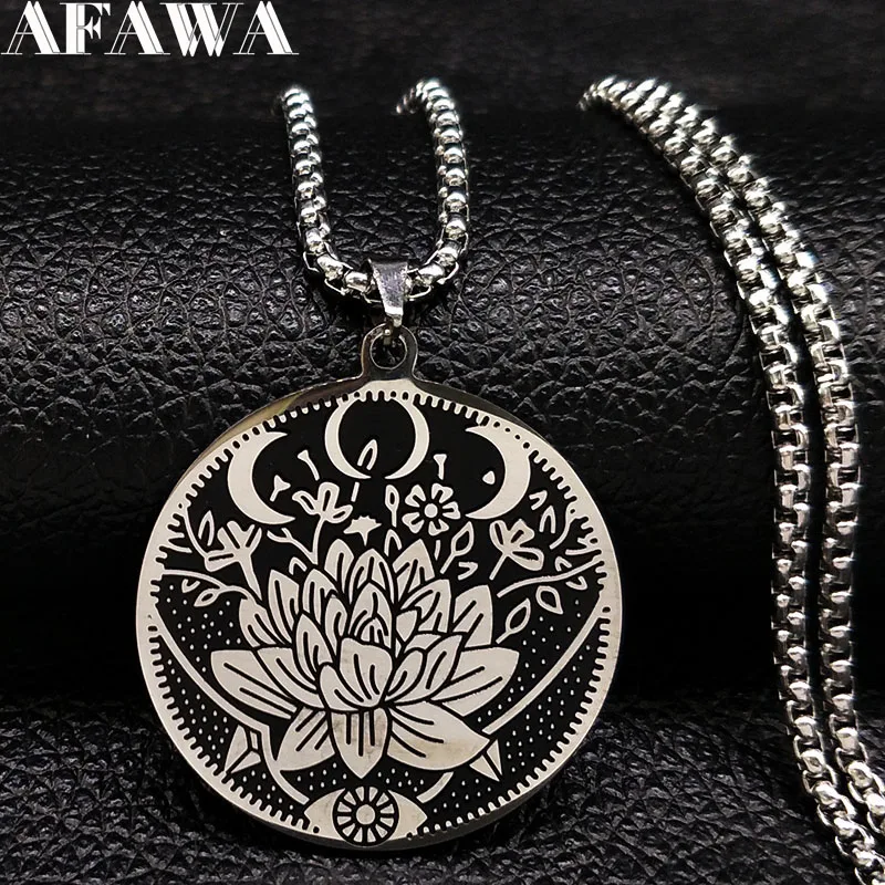 2024 Wicca Lotus Stainless Steel Chain Necklace Women Black Silver Color Necklaces Jewelry joyeria de acero inoxidable N917S01