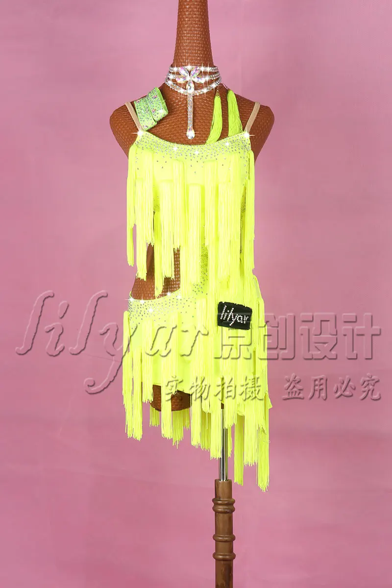 Latin Dance Dress Women Competition Fringe Dance Dress Adult Customize Children Fluorescent Yellow Tassel Slant Latin Dresses