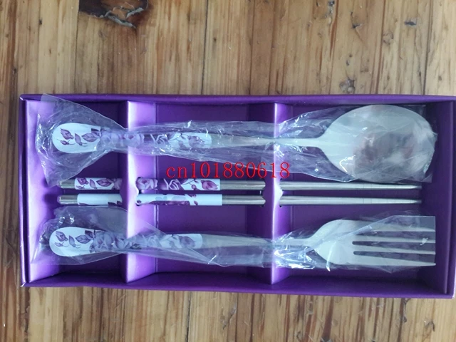 50pcs/lot Free shipping 3 in 1 Purple Rose flower style Stainless Steel Spoon Chopsticks Fork For Party Wedding Gifts Favors