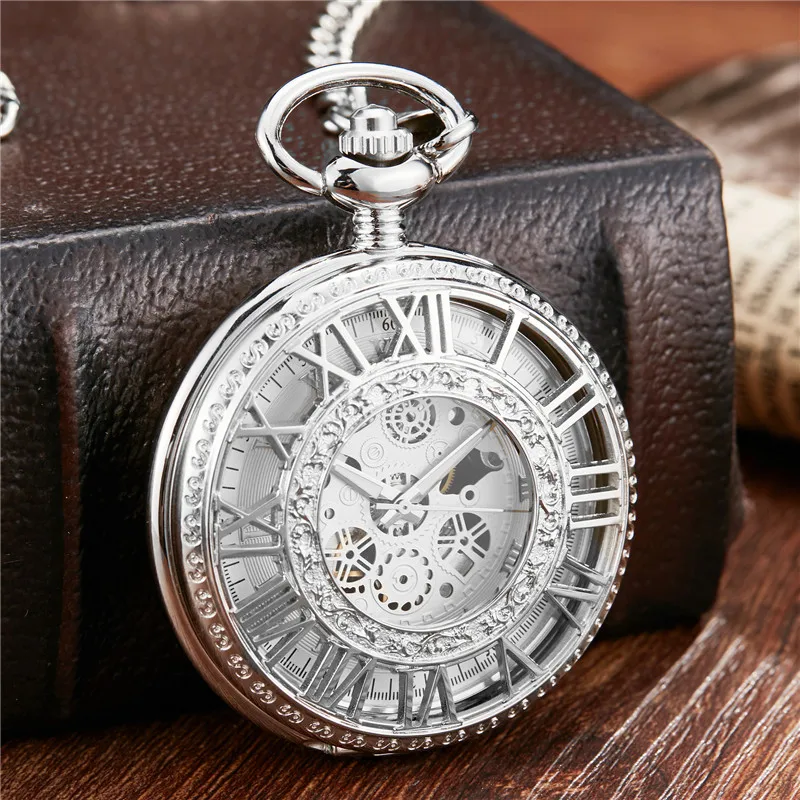Vintage Roman Dial Mehanical Pocket Watch FOB Chain Smooth Golden Hollow Skeleton Hand Wind Mechanical Mens Womens Watch