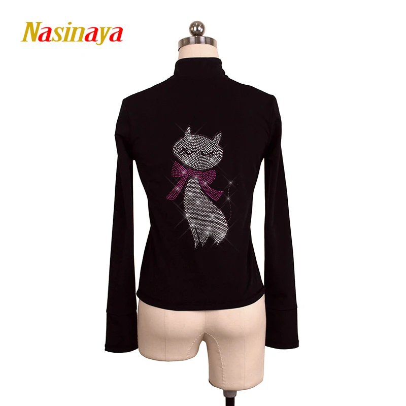 Black Figure Skating Jacket Zipper Top Girl Training Skating Back Cat Sequin Gymnastics Suit