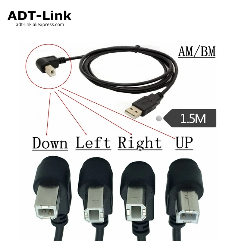 90 Degree Angled USB 2.0 a Male to B Male Cable for Printer Compatible with Brother HP Canon Lexmark Epson Dell Xerox - up down