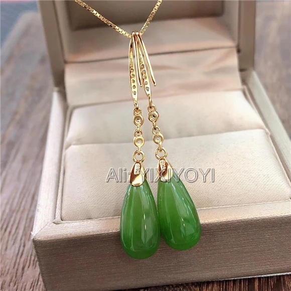 Beautiful 925 Silver Green HeTian Jade Oval Dropping Beads Drop Dangle Gold Earrings Girl's Lucky Charm Ear Jewelry Certificate