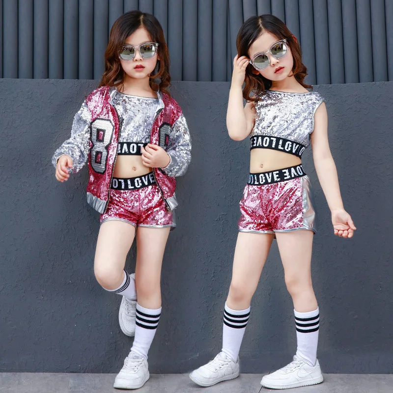 Girls Sequin Hip Hop Clothes for Kids Coat Tops Shirt Short Jazz Dance Costume Ballroom Dancing Clothing Streetwear for Children