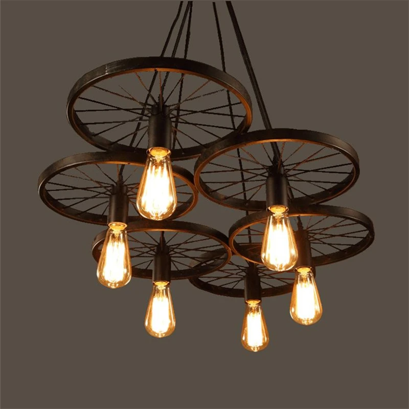 Wrought Iron Wheel Pendant Light Vintage Industrial Lighting Loft Lamp Bar American Country Style Design for Home PLL-726