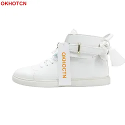 Fashion White Hip Hop Shoes Men Sneakers Lace Up Metal Lock Leather Casual Shoes Men Solid Waterproof Moccasin Shoes New Arrival