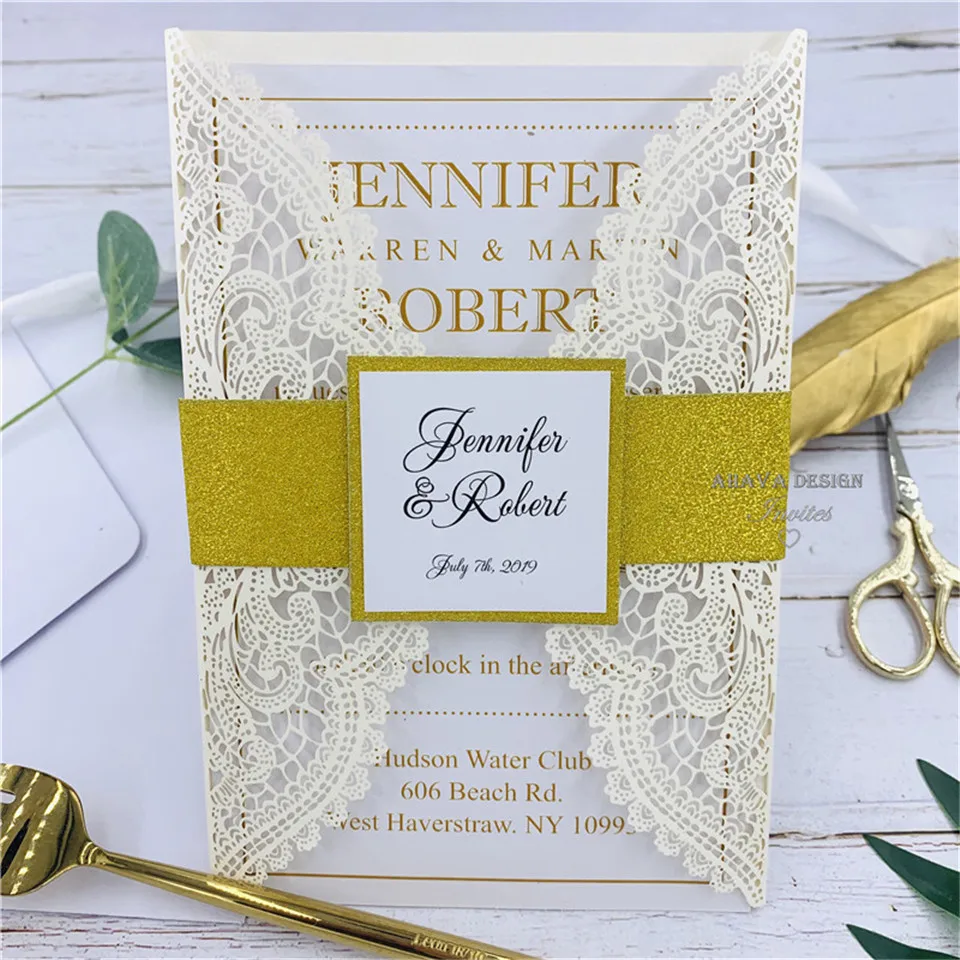 Luxury Pearl Ivory Laser Cut Wedding Invitation With Glitter Gold Belly band, Customized Insert