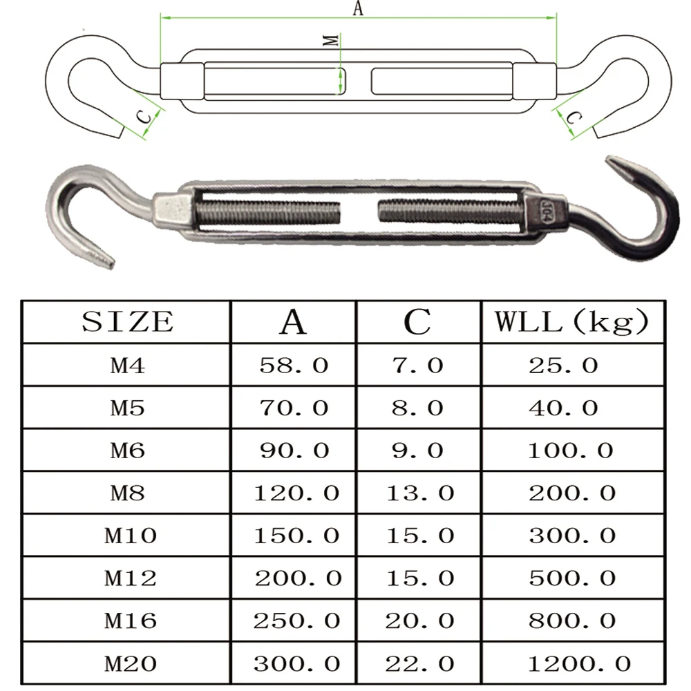 Stainless Adjustable Hook-Hook Turnbuckle European Style Open Body Adjustable Wire Rope Tension M8 for Sun Shade Kits 4pcs