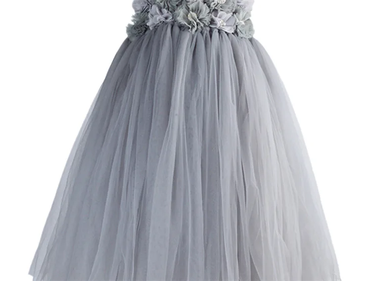 Lovely Girls Grey Chiffon Flowers Tutu Dress Kids Fluffy Tulle Tutus Ball Gown with Single Shoulder Children Wedding Party Dress