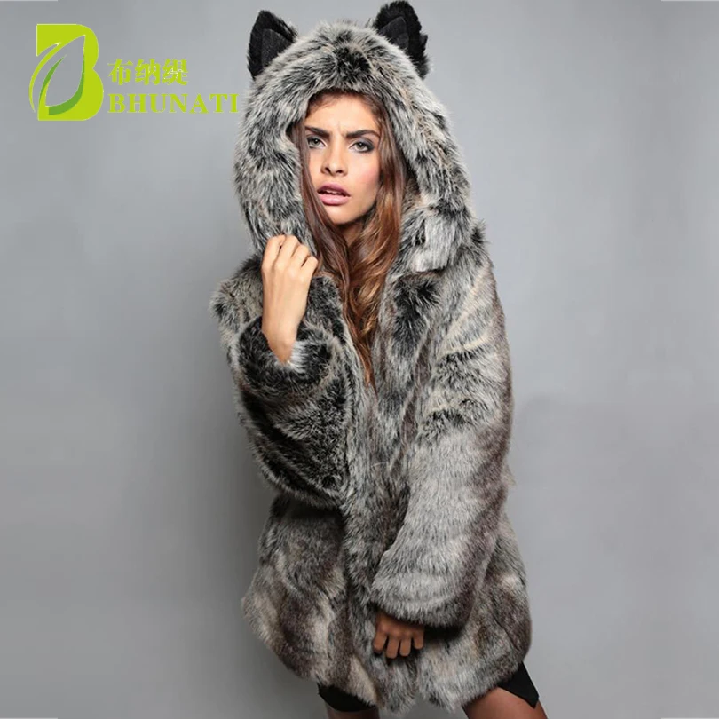 Women\'s Winter Jacket Long Thick Warm Fur Coat  Cute Animal Ear Hooded Overcoat Female Black Lady Elegant Faux Fur Coats