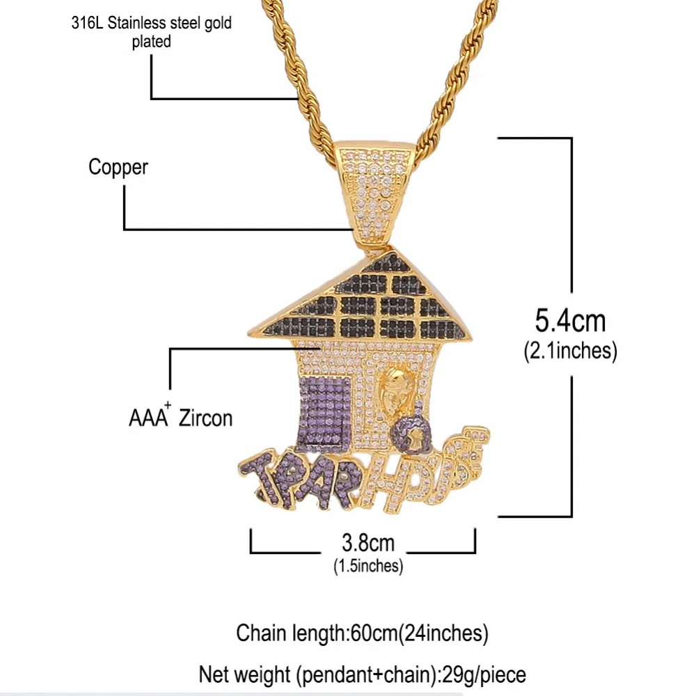 UWIN Trap House Pendant AAA CZ Bling Purple Iced Out Micro Paved Money Bag Necklace Tennis Chains Men's Hiphop Jewelry