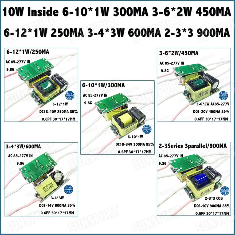 5-100Pieces Inside External IP67 10W AC85-277V LED Driver 6-10*1w 3-6*2w 3-4*3w 2-3*3 6-12*1w DC5-40V 250-900MA Constant Current