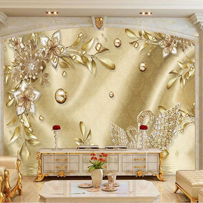 Papel De Parede De Jóias De Flor De Ouro De Luxo Personalizado, Etiqueta 3D, Mural, Fundo Da Sala De Estar, Decoração De Casa, Fresco, Estilo Europeu