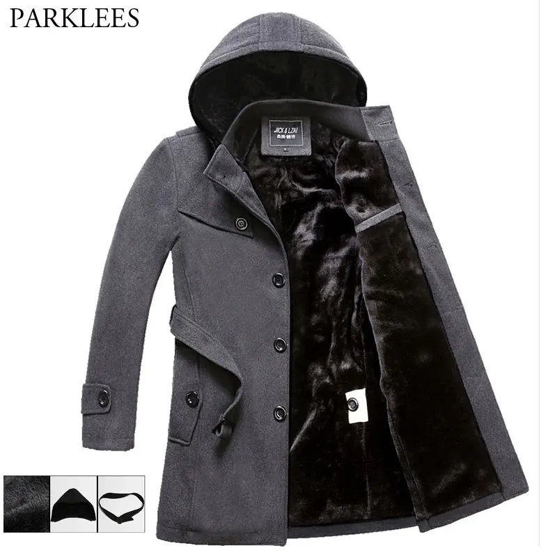 Men\'s Fleece Hooded Thick Wool Winter Coat 2023 Brand New Long Wool Trench Coat Men Casual Pocket Overcoat with Removable Hood