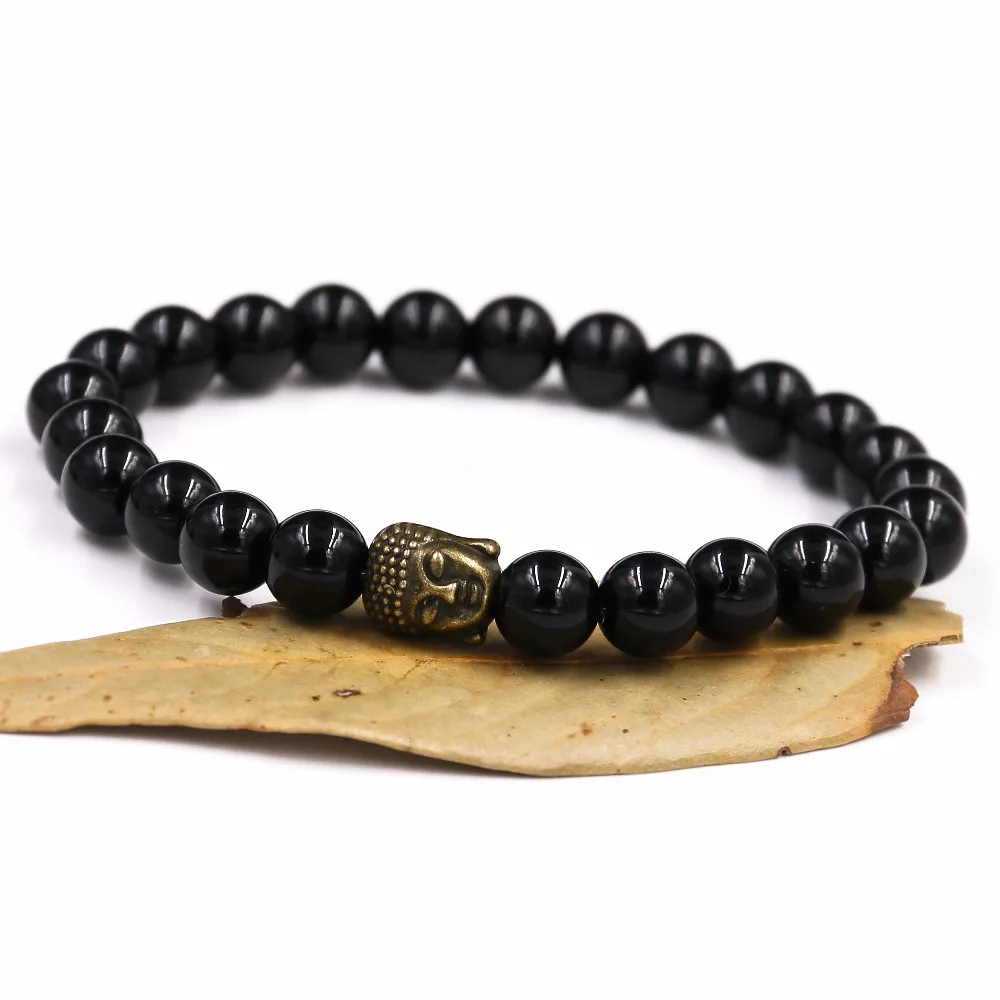 8MM Black Onyxl Natural Stone Bracelets Pendent Charm Bracelets For Men Jewelry Gift Buddha Strand Bracelets Women