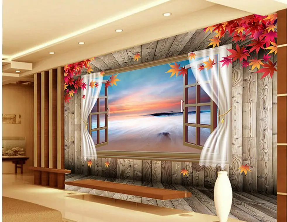 3D Maple wood floor window curtain backdrop Mediterranean living 3d wallpaper 3d customized wallpaper