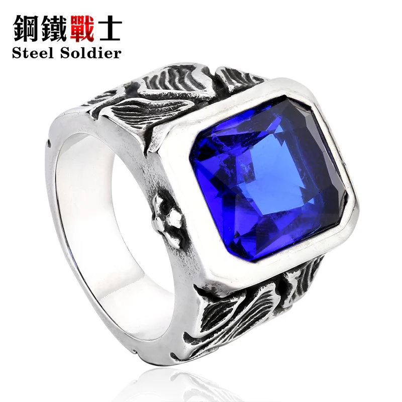 steel soldier stainless steel men stone ring crackle design style ring big red/blue stone 316l steel jewelry