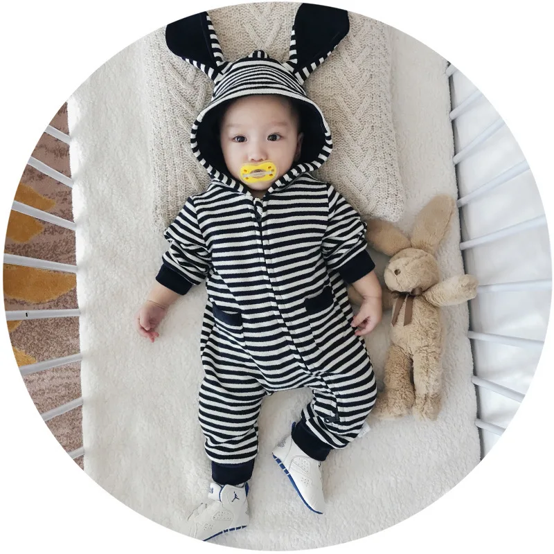 

Autumn Baby Boys Girls Clothes Set Long-sleeve Newborn Baby Romper Jumpsuit roupas bebe Striped Hooded Baby Outfit Costume