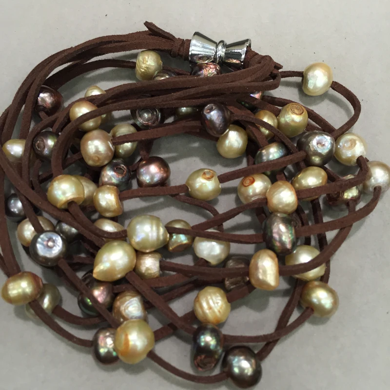 10-11MM Baroque Brown mix color Long pearl necklace multilayer leather 80CM casual magnet clasp fashion women jewelry