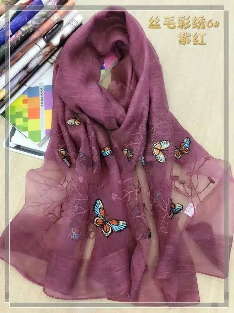 new silk wool butterfly Embroidery Scarf Shawl Wrap 6 colors mixed 5pcs/lot #4017