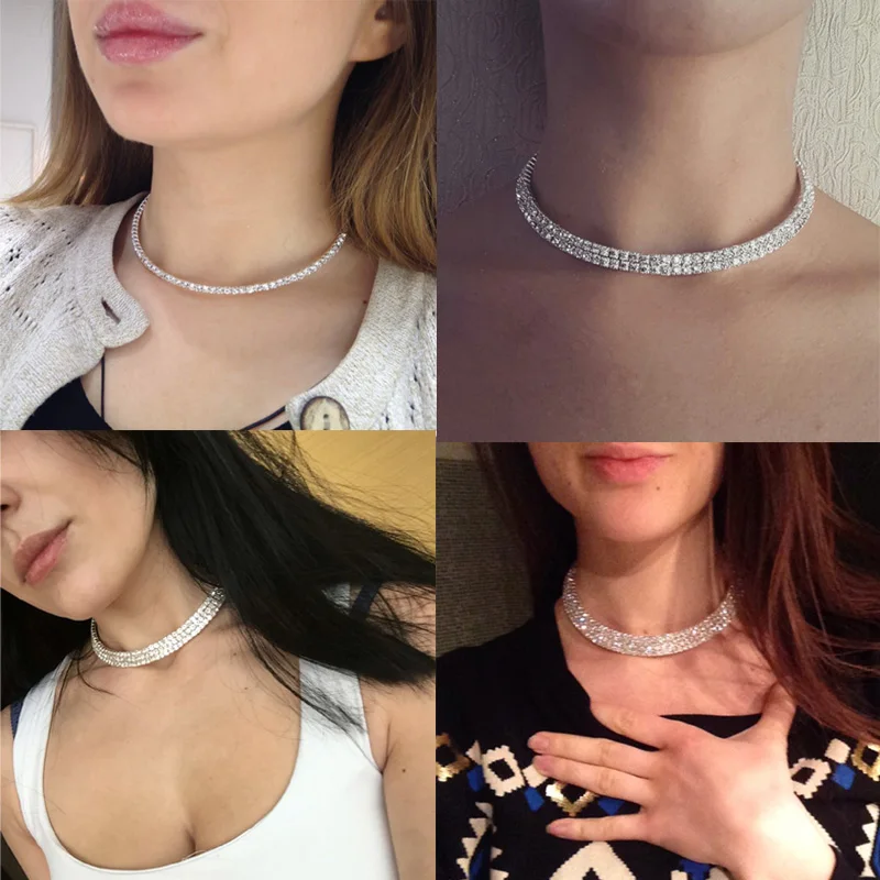 TREAZY Sparkling Silver Color Crystal Collar Chain Choker Necklace Bridal Wedding Party Diamante Rhinestone Choker Jewelry Gifts