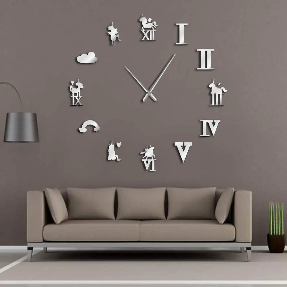Unicorn Large Wall Clock Rainbow Cloud Magical Unicorns Giant Wall Clock Modern Design Kid Room Living Room Wall Watch Art Decor