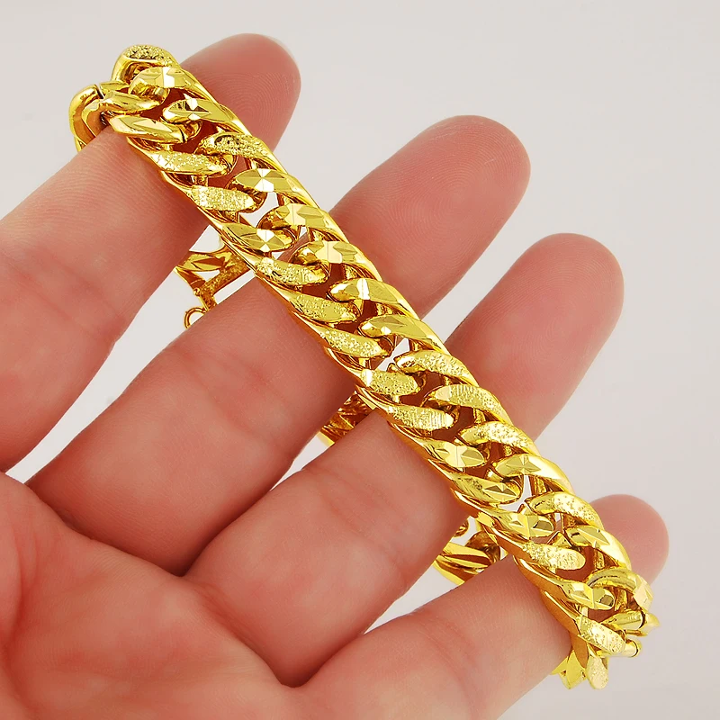 Pure  Gold Color 12mm Men\'s Bracelet, 24K Gold Filled Link Chain Heavy Bangle Bracelets for Men 19.5cm,Wholesale Fashion Jewelry