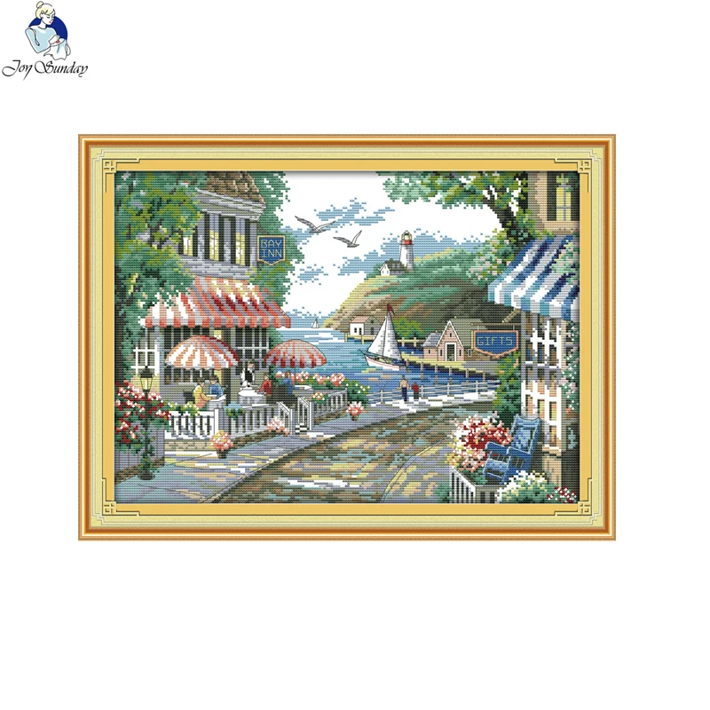 Joy Sunday The Seaside Cafe Patterns DIY Hand Cross Stitch Kits Printed Canvas DMC Counted  Embroidery Needlework Home Decor