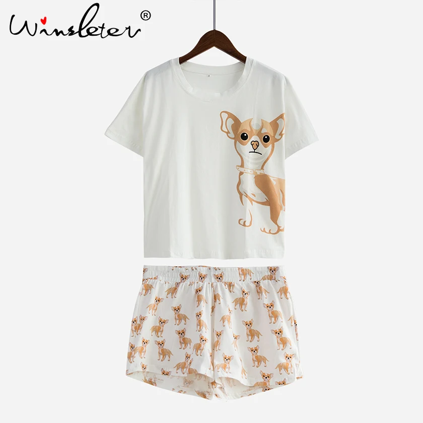 Niedliche Pyjama Sets Baumwolle Chihuahua Print Crop Top + Shorts 2 Stück Set Hund Pyjamas Lose Top Elastische Taille Lounge pijamas S61003