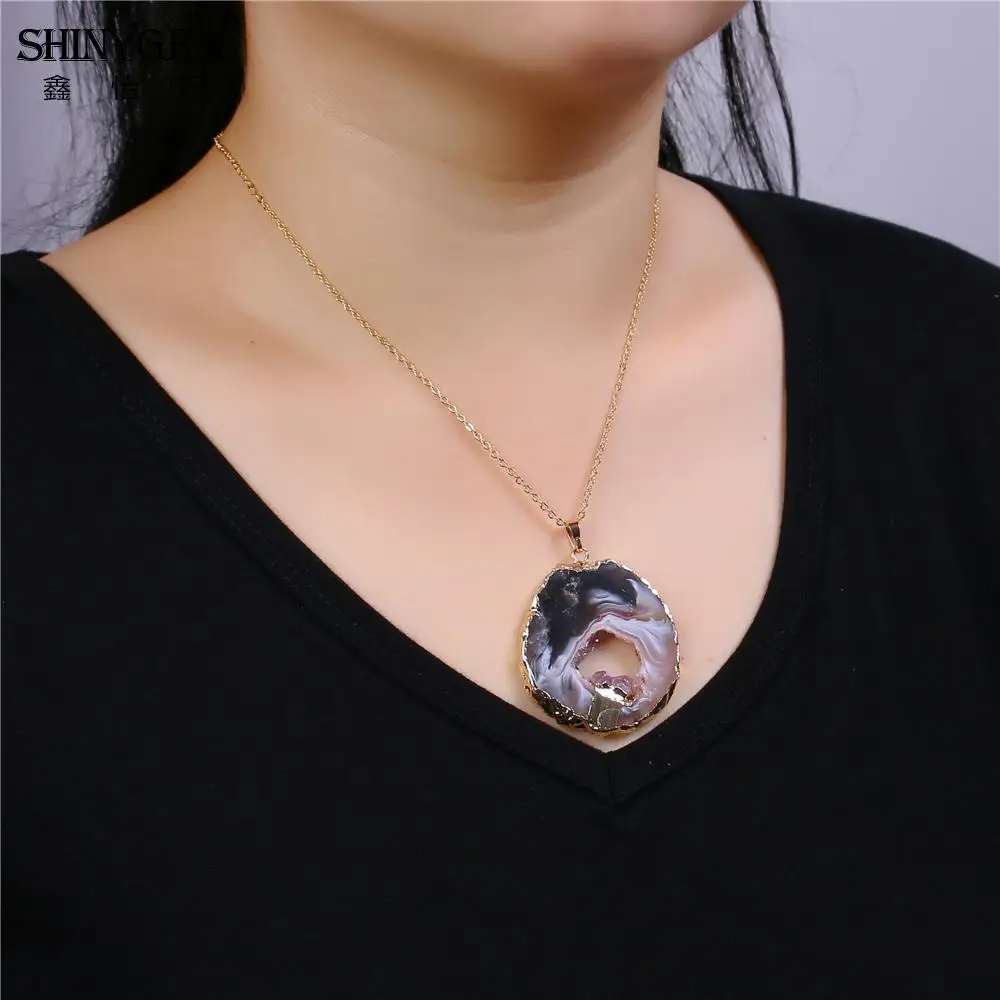 ShinyGem Lucky Black Brown Agates Pendant Necklace Hiding Small Gold Amethysts Mineral Natural Gem Stone For Women Men