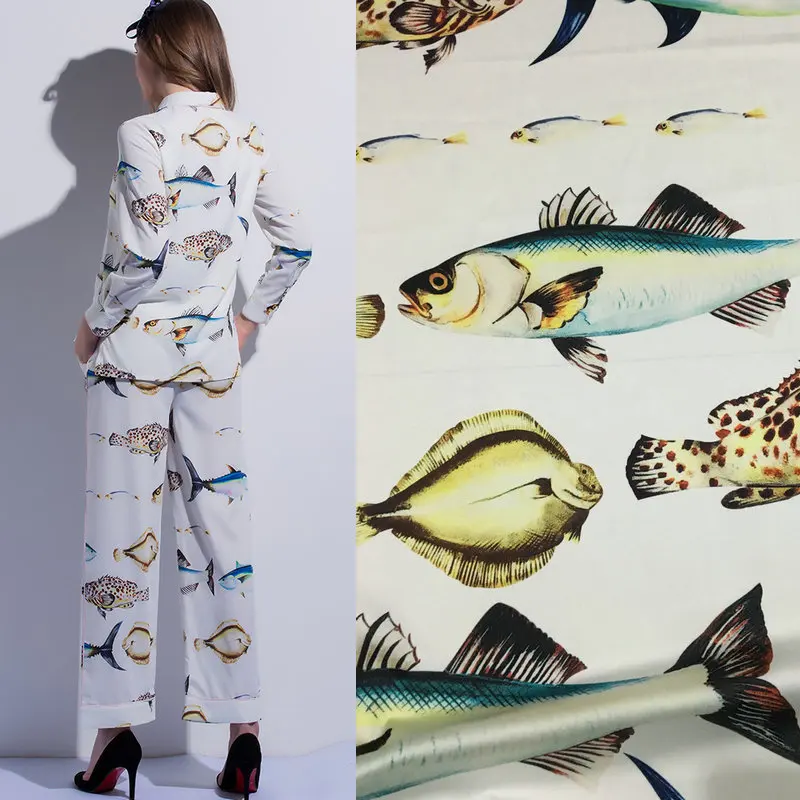 Europe and America Deep Sea Fish Printed Imitate Silk Satin Fabric  For Woman Dress Blouse Pants Pajamas DIY Cloth Sewing