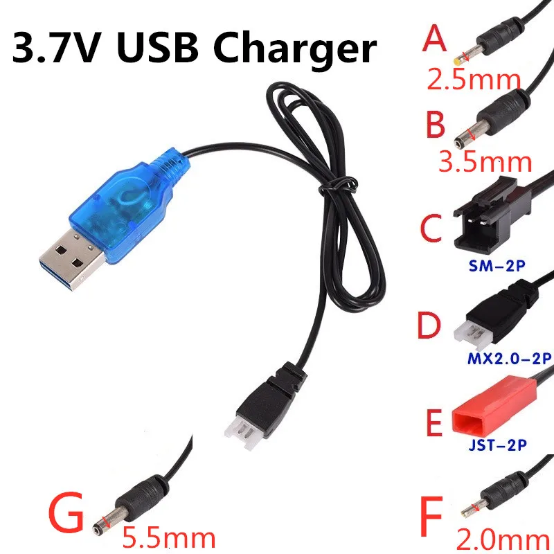 3.7V Battery USB Charger SM JST 2P MX2.0-2P X5 3.5MM 2.5MM For RC Helicopter Quadcopter Toys Car Model Truck Spare Parts