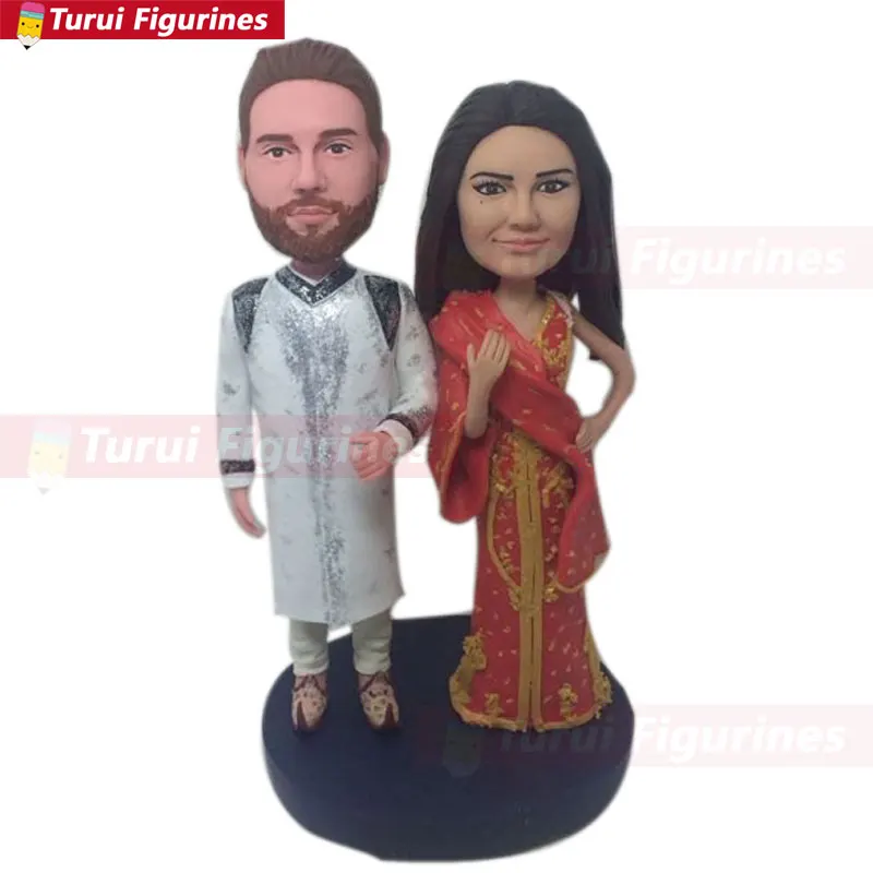 

Indian Traditional Outfit Personalized Wedding Cake Topper Bobble Head Clay Figurine Based on Customers' Photos Traditional Indi