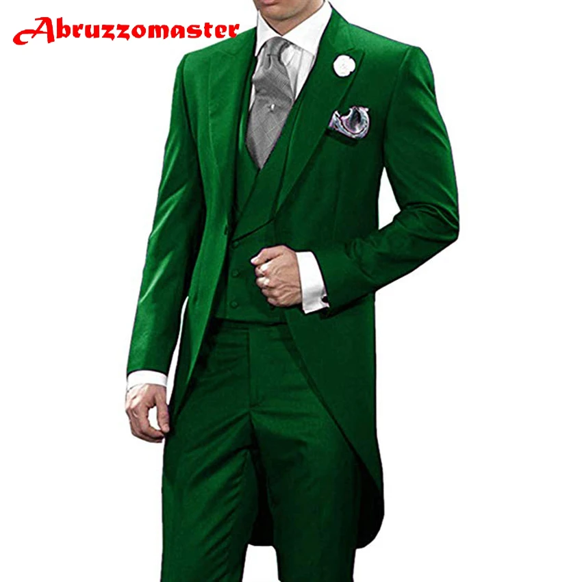 Abruzzomaster Green Morning Suits Custom Made Man Suit jacket+Double Breasted Vest+ Pants for Groom Tuxedos Groomsman Suit