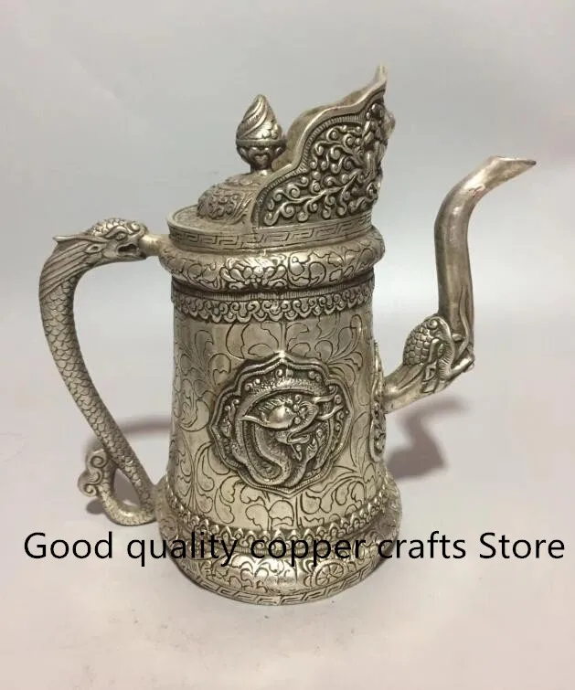 Collectible archaize white copper carving Dragon grain teapot