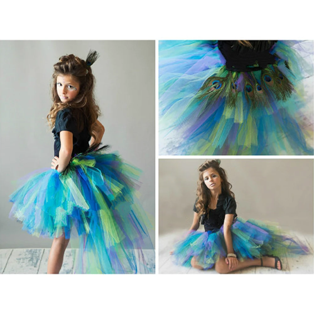 Peacock Feathers Girls Tutu Skirt Trailing Tulle Baby Girl Tutu Skirt Fluffy Kids Skirts For Girls Party Halloween Costume 1-14Y